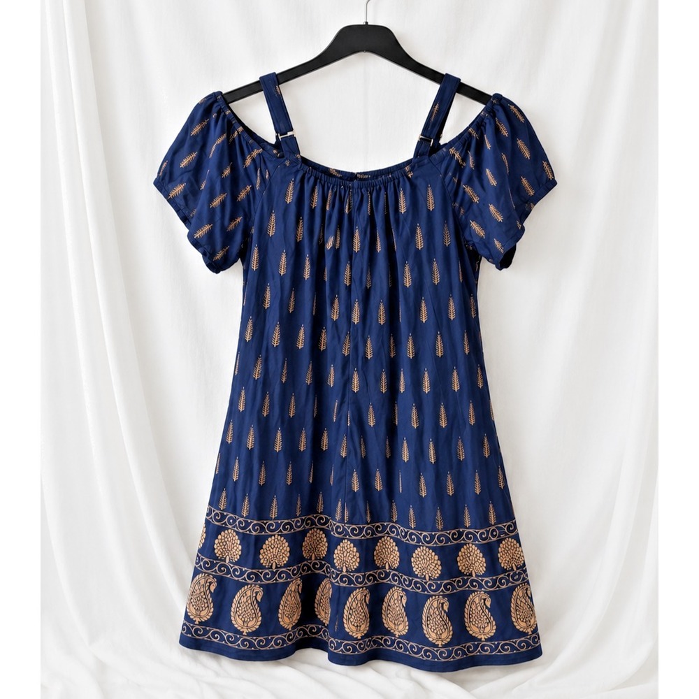 Lapogee Dress Womens L Navy Gold Boho‎ Paisley Print Mini Peasant Cottagecore